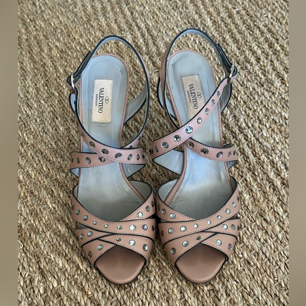 Valentino Garavani-Rose Leather Rhinestone Heels Size 40